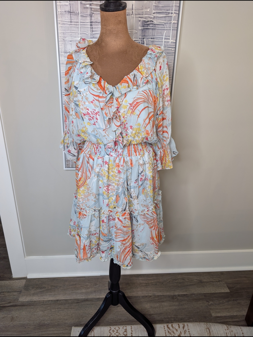 Entro Pastel Floral Ruffle Mini Dress in Light Blue and Orange